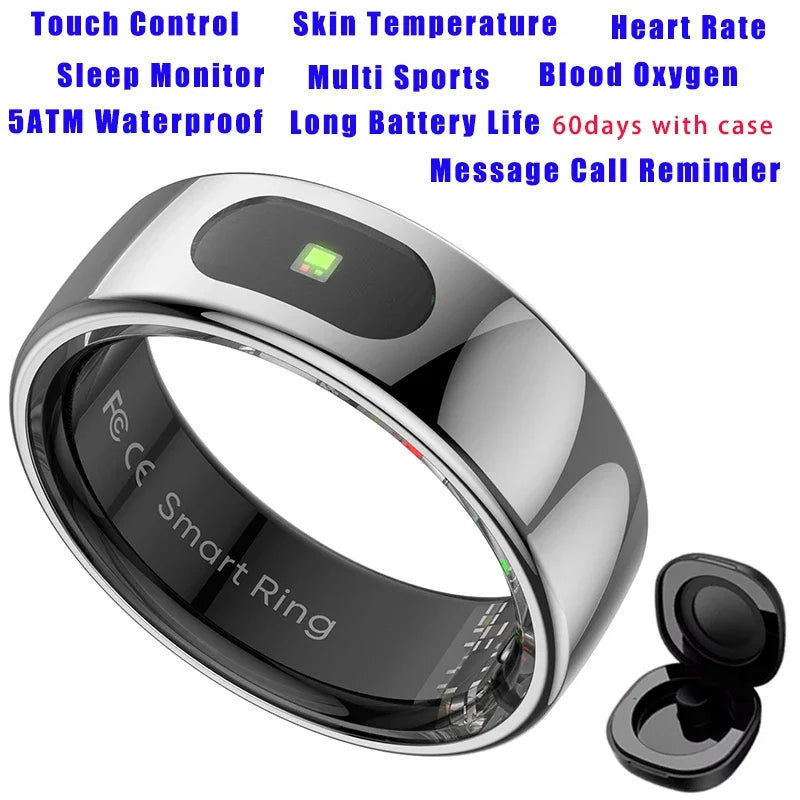 Sleek silver smart fitness ring with health tracking features and a matching portable charging case.