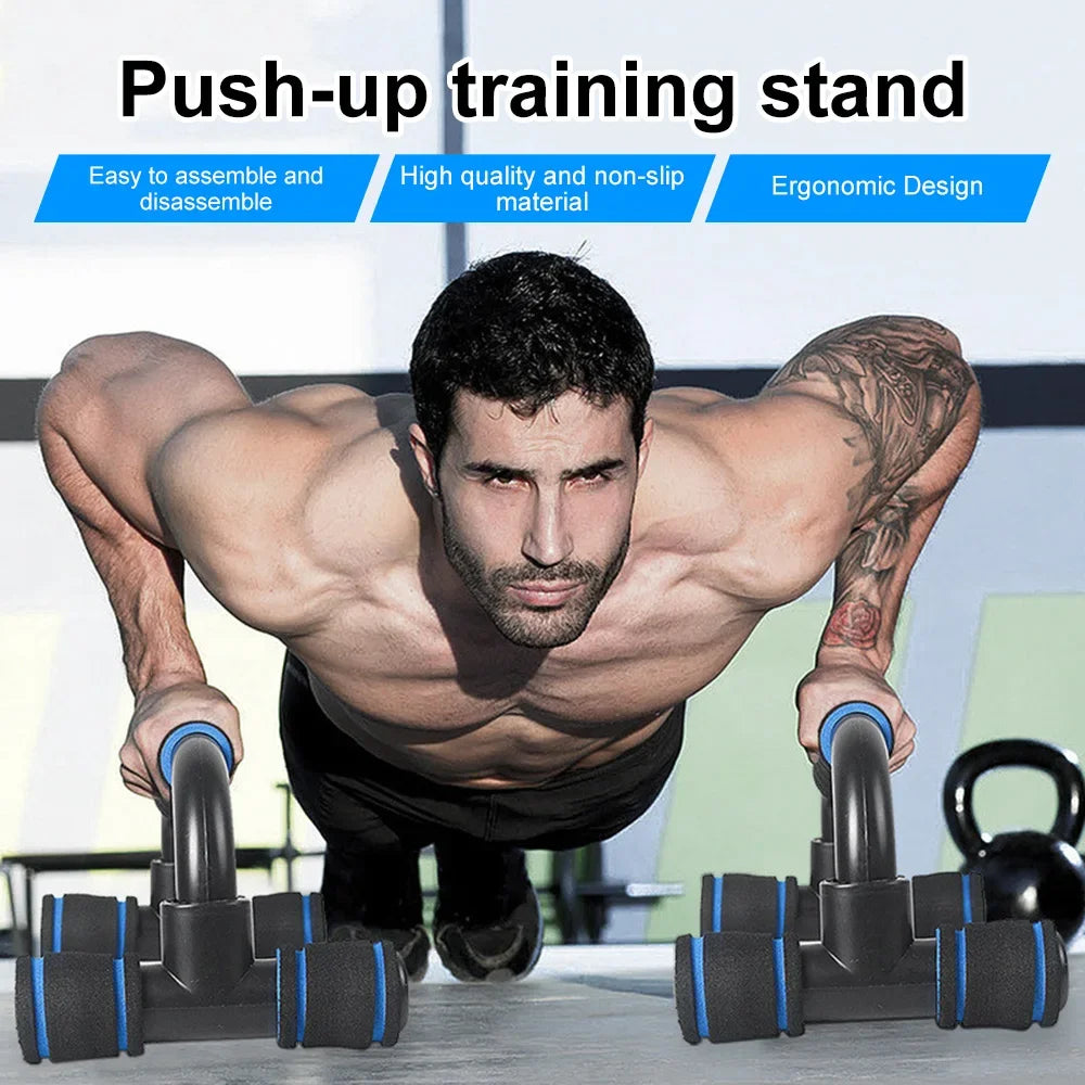 A shirtless man performing a press-up using black and blue non-slip push-up training stands on a gym floor.