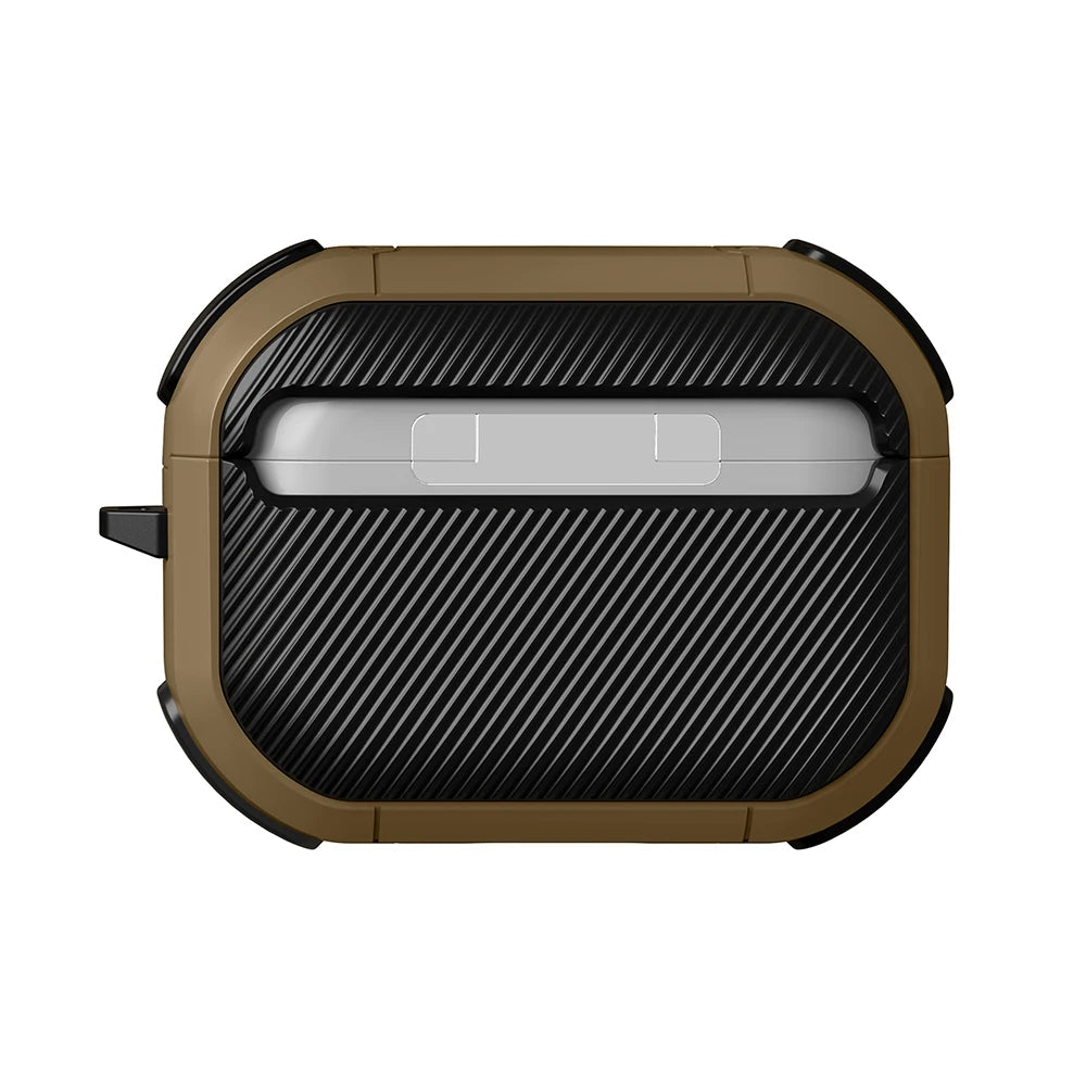 Rugged, tan and black carbon-fibre style protective case for Apple AirPods Pro.