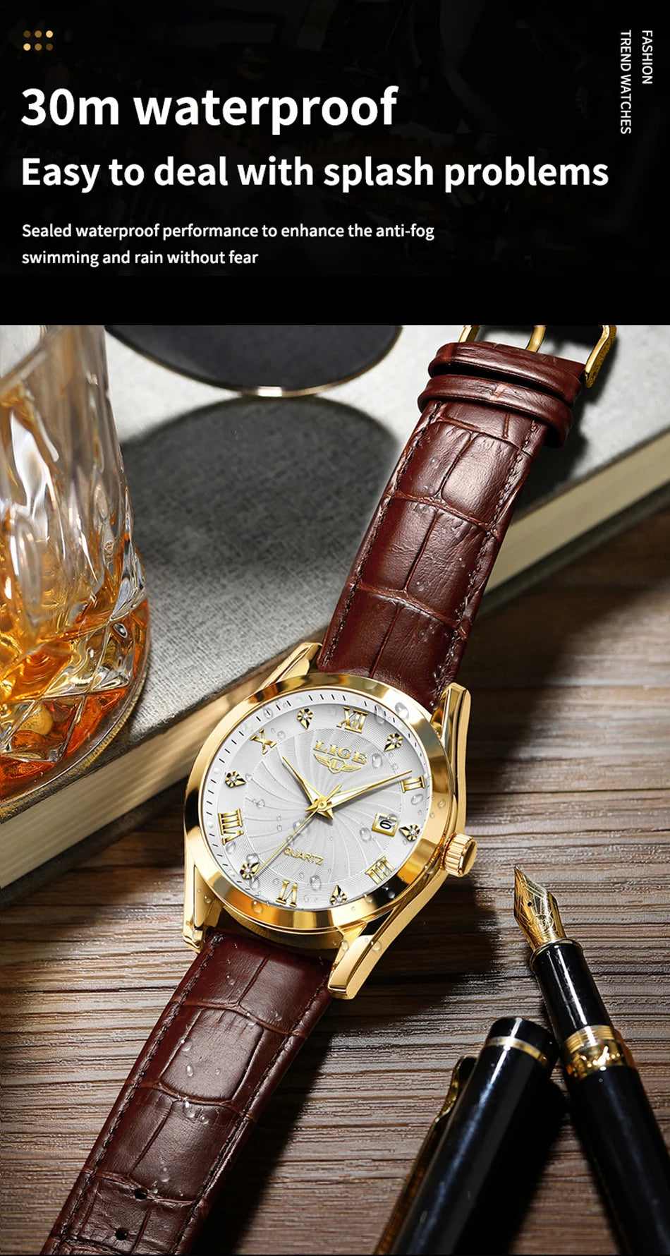 Elegant women’s quartz watch with a white face, gold accents, and a brown crocodile-effect leather strap.