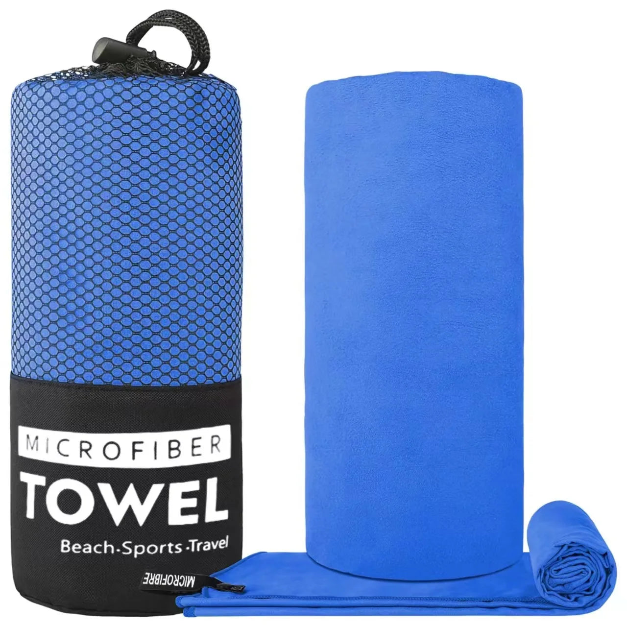 Bright blue microfibre towel with a black mesh carry bag featuring white "Microfibre Towel" text.