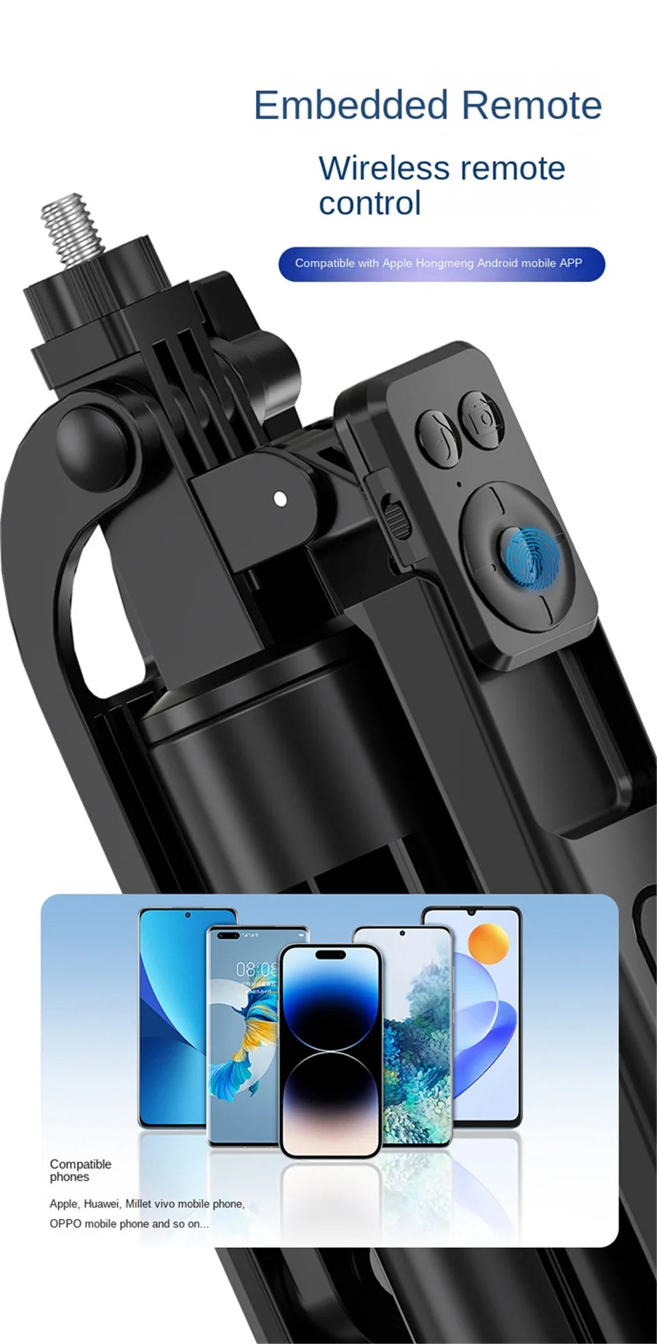 Black plastic selfie stick with a detachable wireless remote control and universal phone mount.