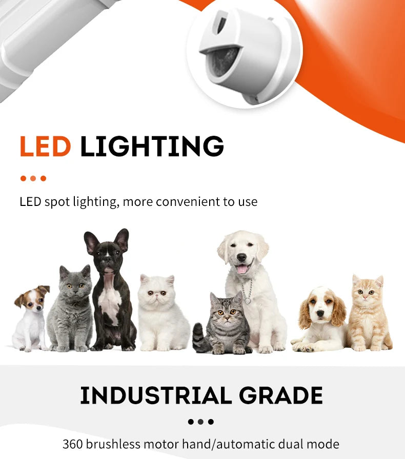 White electric pet nail grinder with LED light, featuring a brushless motor and multiple speed modes for pets.
