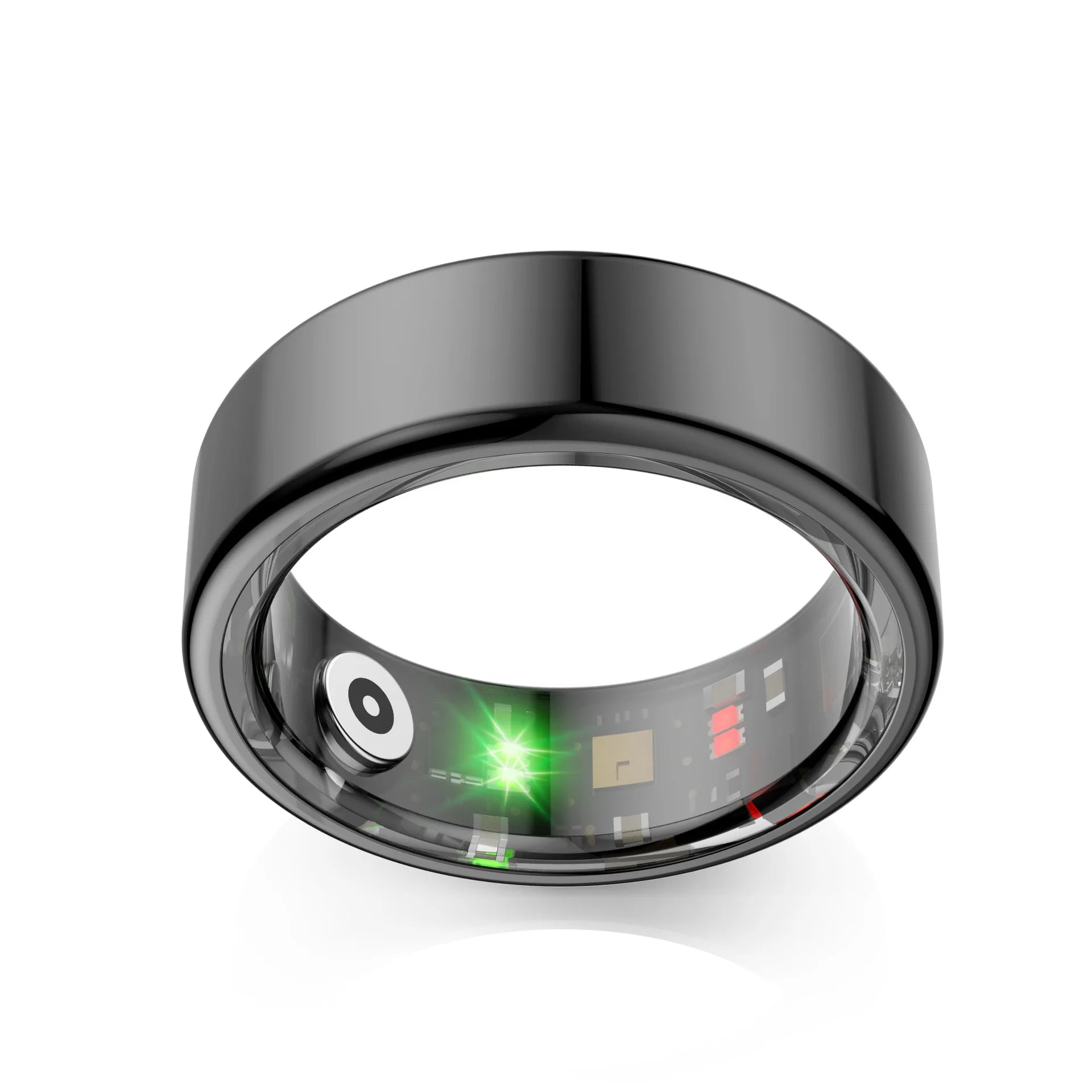 A sleek, black smart fitness ring shown from an angle, revealing internal health sensors and glowing green LED lights.