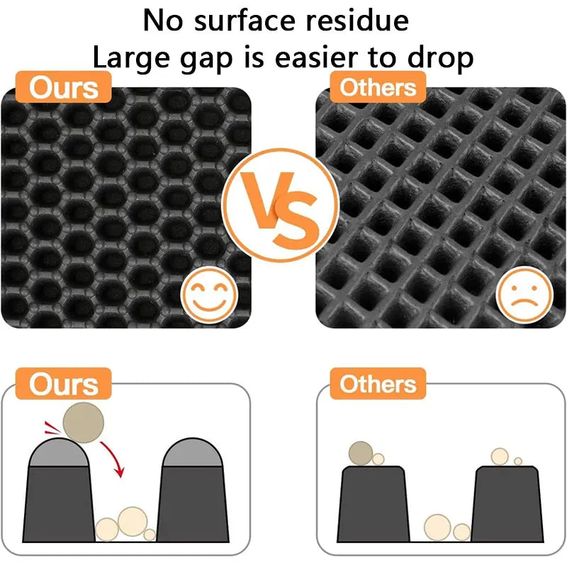 Comparison of a black honeycomb cat litter mat vs a standard square-grid mat, showing superior debris trapping.