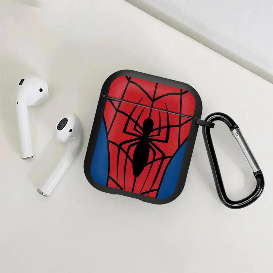 Spider-Man design protective case for AirPods with black carabiner clip, featuring red and blue webbed pattern.