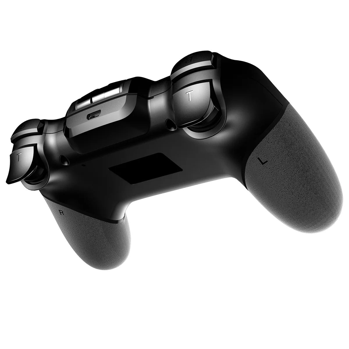 Black wireless gaming controller with textured grey grips and shoulder buttons, shown from an angled back perspective.