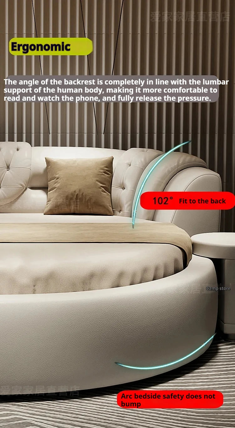 Modern, cream-coloured round double bed with an ergonomic, button-tufted backrest and smooth, curved frame.