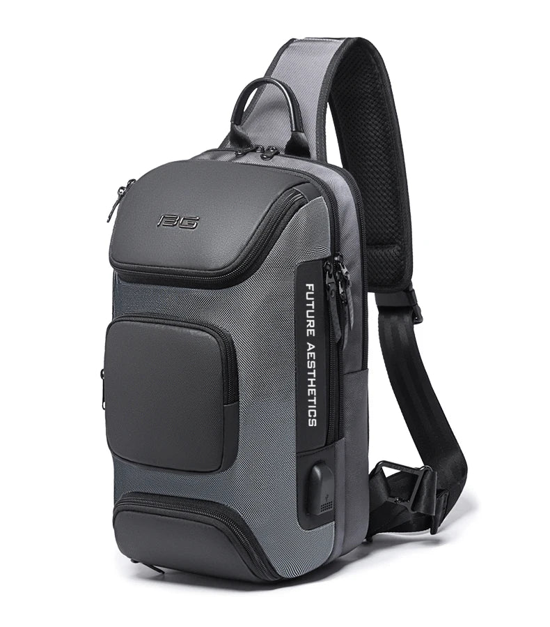 Grey, multifunction anti-theft crossbody sling bag with a structured design, multiple zip pockets and USB charging port.