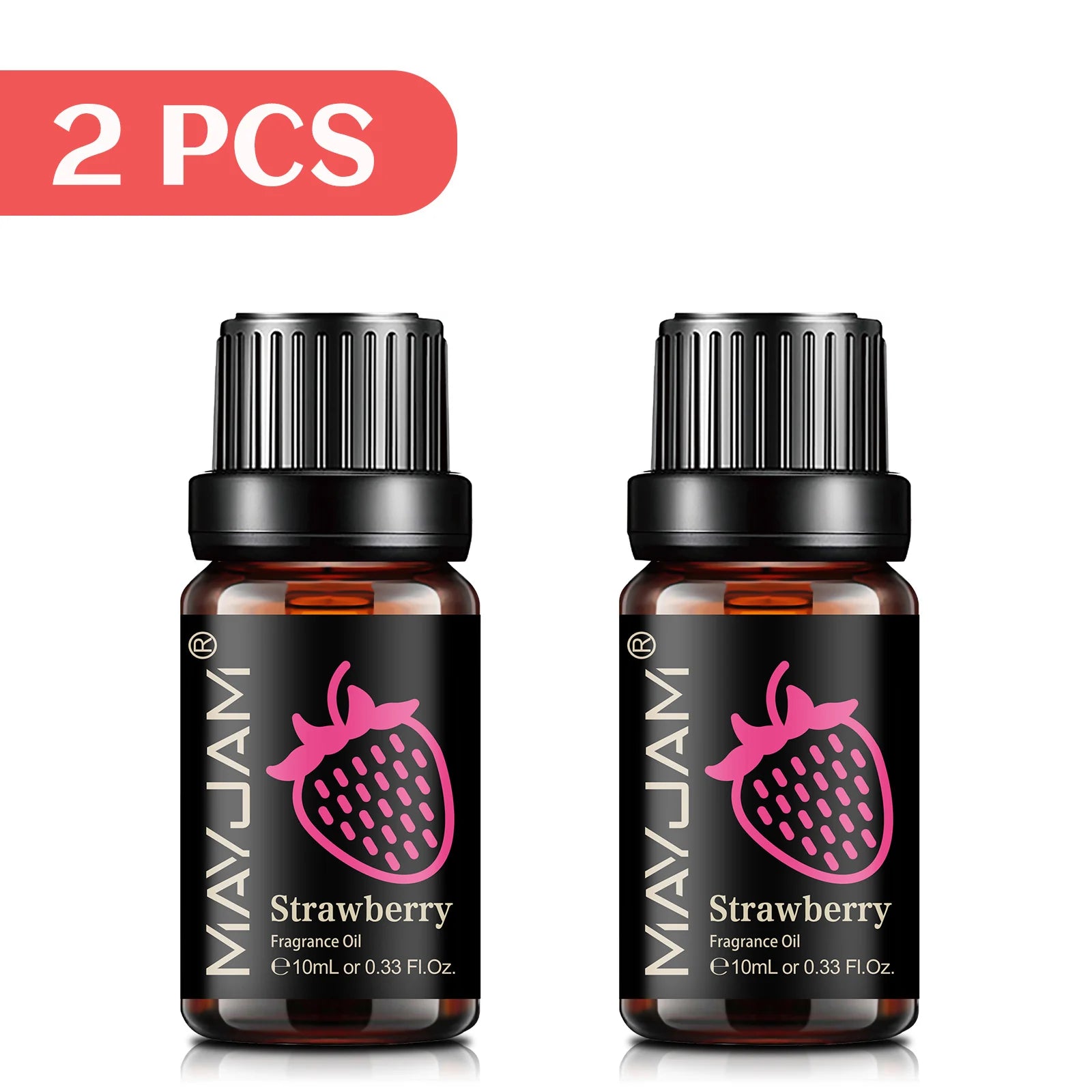Two 10ml amber glass bottles of strawberry scented fragrance oil with black dropper caps and strawberry labels.