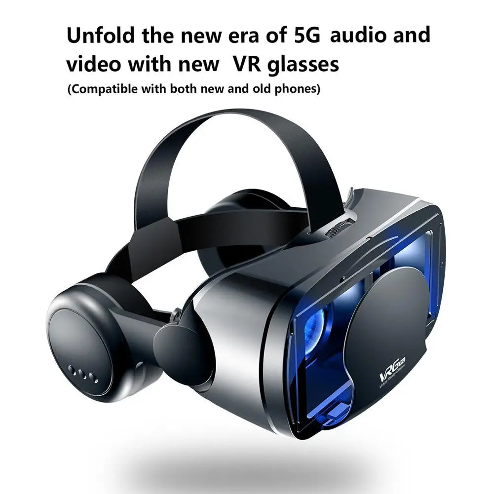 Black VR headset with integrated headphones and blue interior lighting, featuring an adjustable head strap.