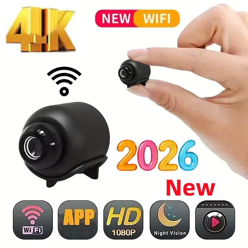 Small black wireless mini camera with 1080p resolution, night vision, and smartphone app connectivity.