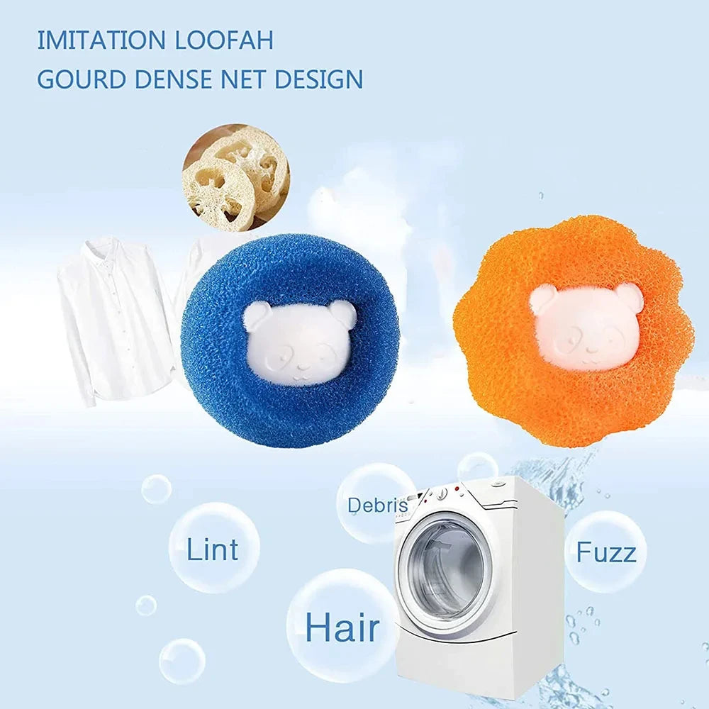 Blue and orange sponge laundry balls with panda-shaped centres, designed to remove lint, hair and debris.