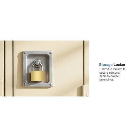Gold-colored metal padlock attached to the recessed silver handle of a beige metal storage locker.