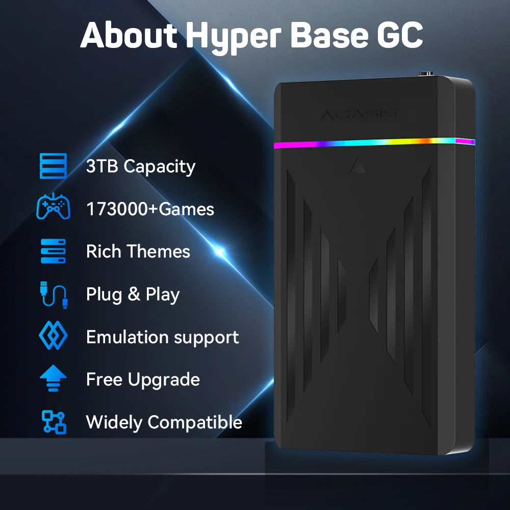 Black 3TB portable gaming HDD console with RGB light stripe and angled textured lines.