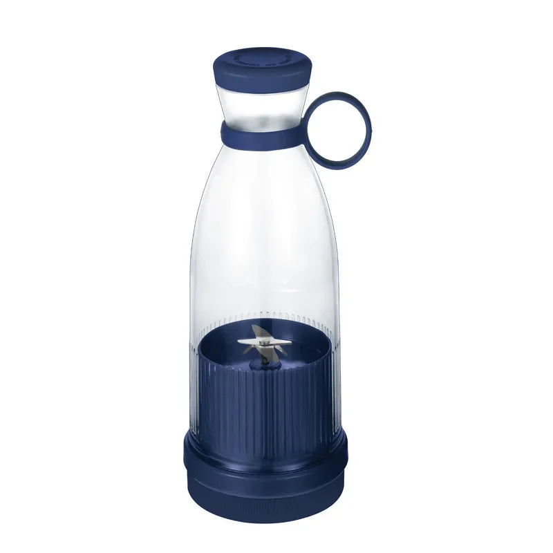 A portable, clear plastic personal blender bottle with a blue lid, blue base, and built-in metal mixing blades.