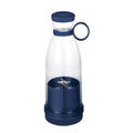 A portable, clear plastic personal blender bottle with a blue lid, blue base, and built-in metal mixing blades.