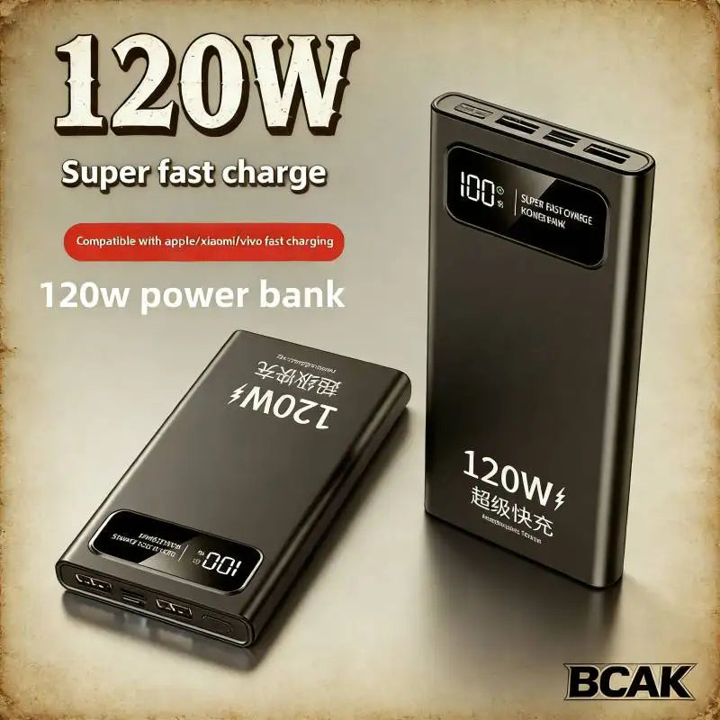 Two sleek black 20000mAh portable power banks with digital LED displays showing battery percentage and fast charging.