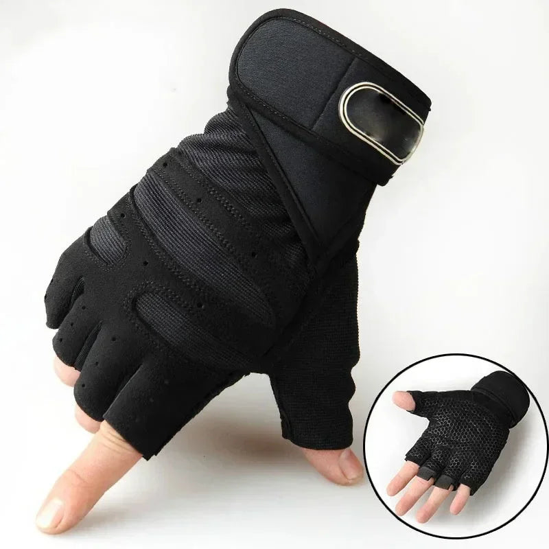 Black fingerless gym gloves with padded, textured palms and adjustable wrist straps.