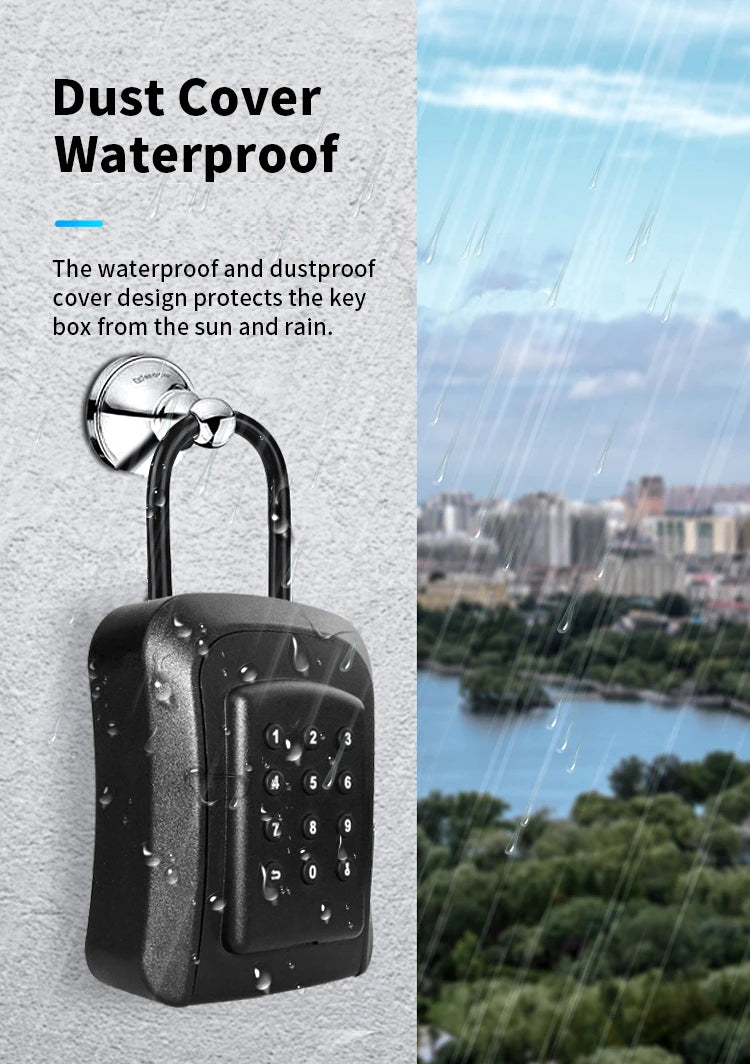 Black waterproof plastic key lock box with a metal shackle hanging on a chrome wall mount.