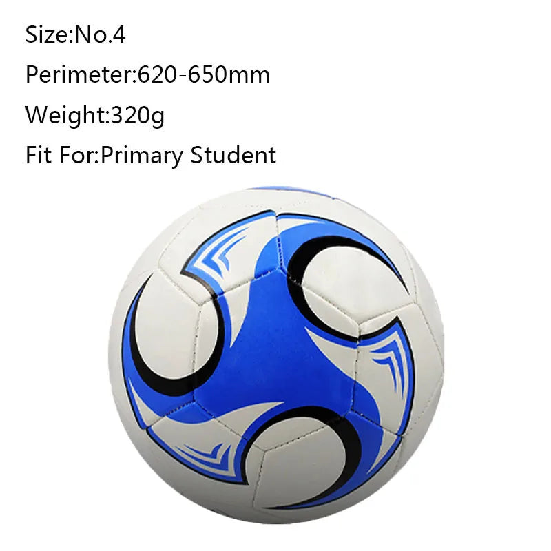 Size 4 white football with blue and black swirling graphic panels, designed for primary school students.