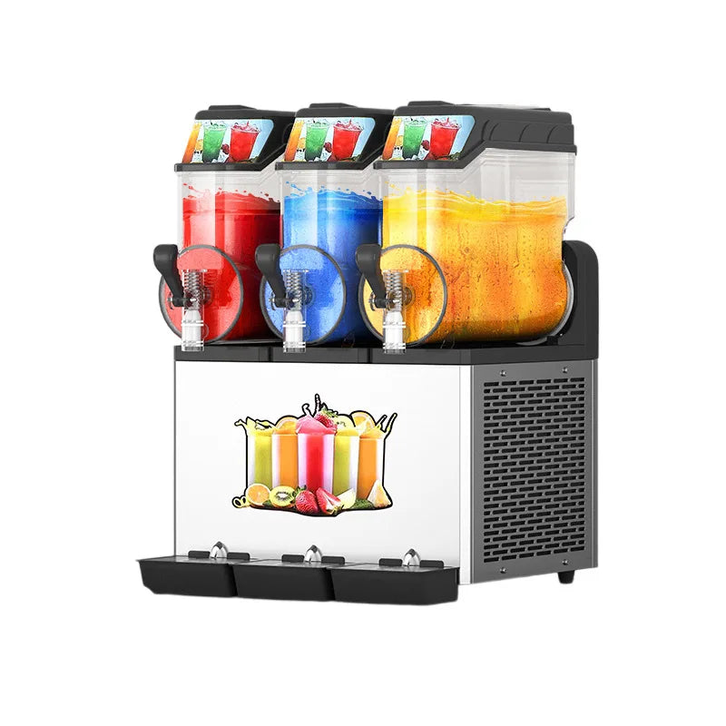 Three-bowl commercial slushie machine with stainless steel finish, dispensing red, blue, and yellow iced drinks.