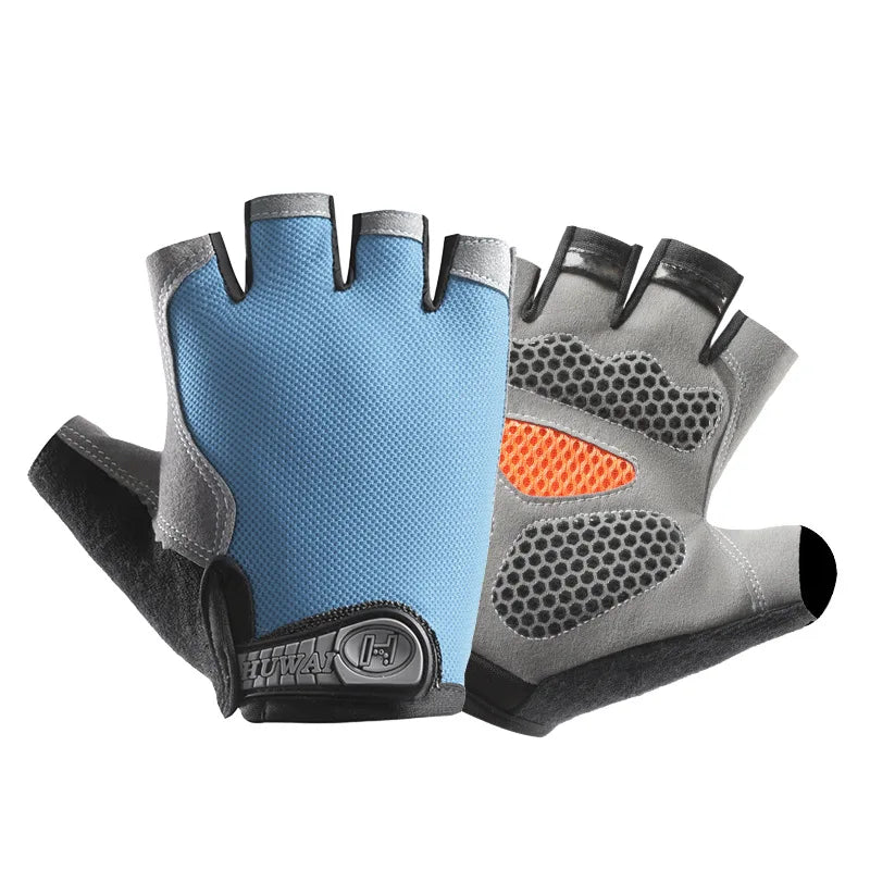Pair of fingerless cycling gloves in blue and grey with honeycomb palm padding and a velcro closure.