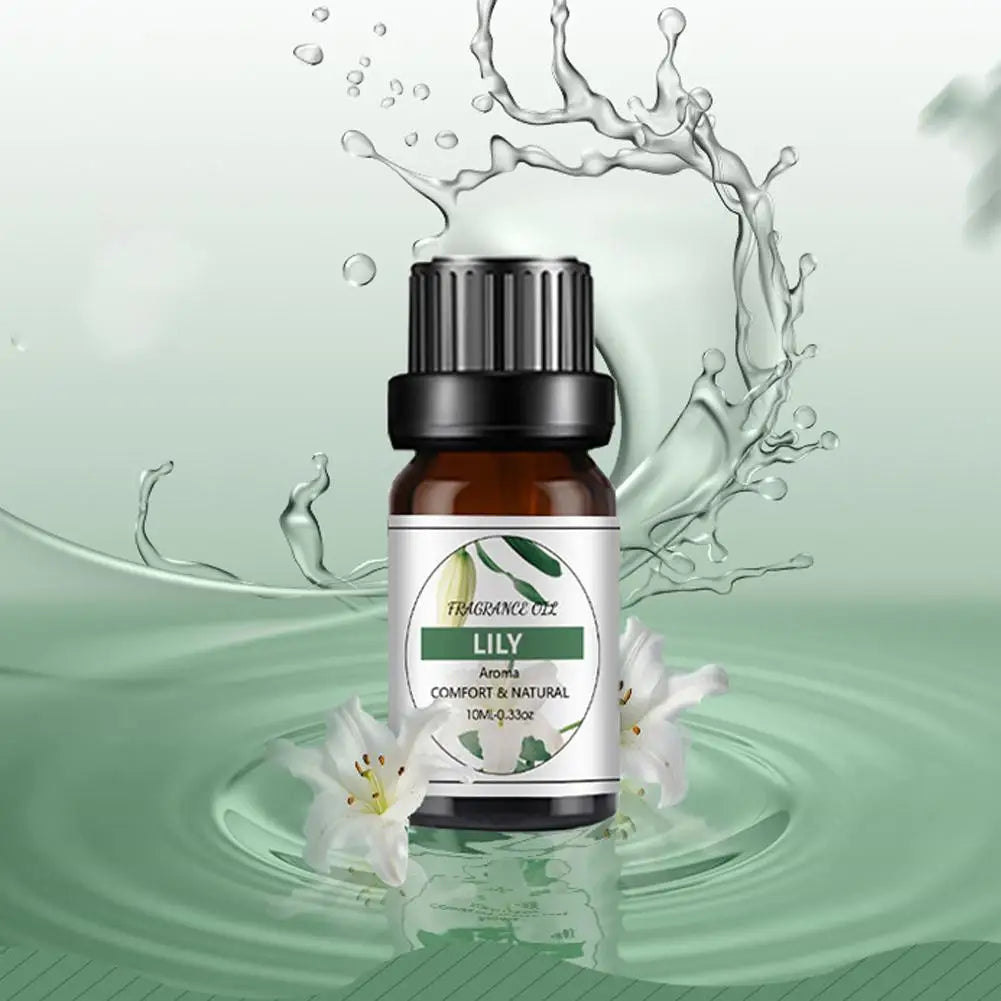 10ml bottle of Lily fragrance oil with a dark cap, featuring floral label design amidst water splashes.