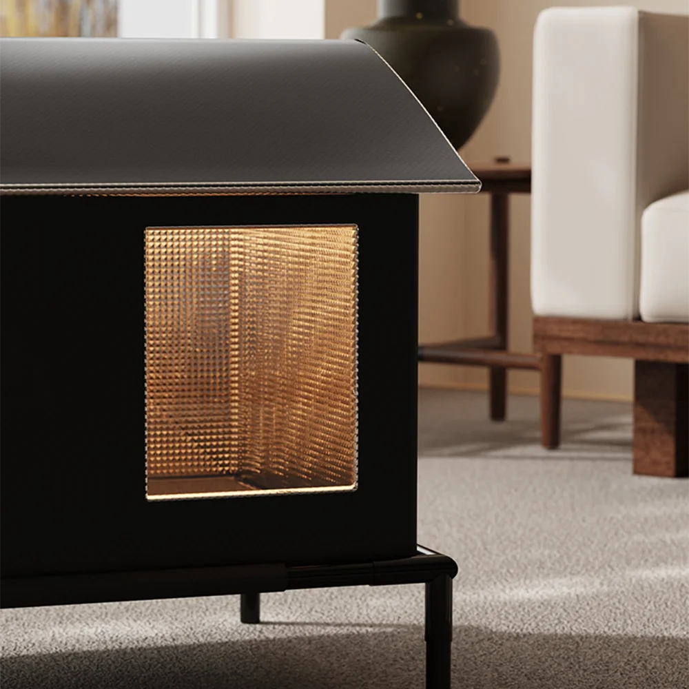 Black, waterproof, insulated outdoor cat shelter on a metal stand with a textured, golden illuminated square window.