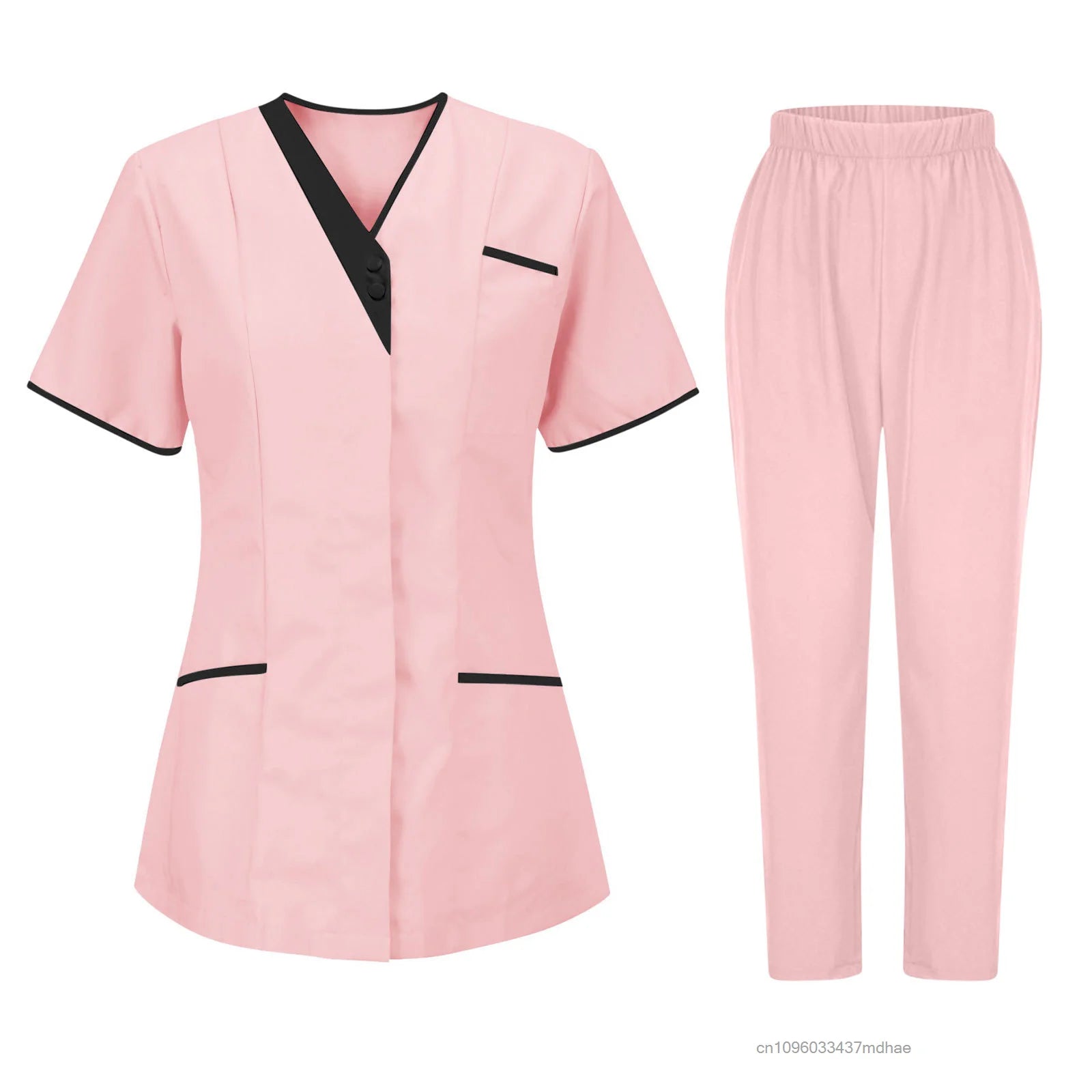 Women's light pink work uniform set with black trim, including a V-neck tunic with pockets and matching trousers.