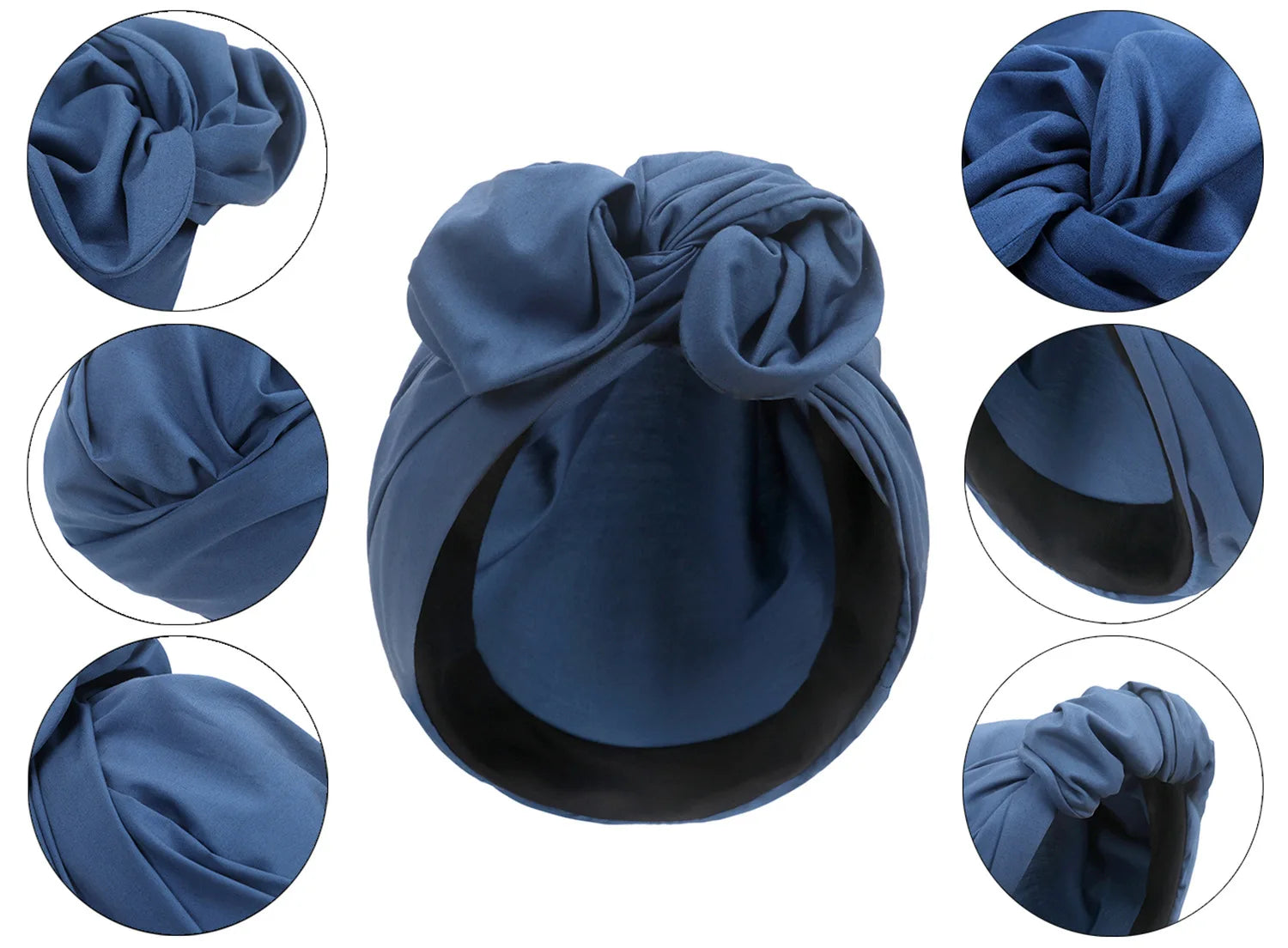 Vintage-style blue turban hat with a knotted front detail, featuring soft fabric and a smooth interior lining.