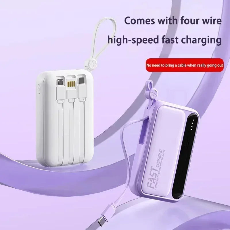 White and lilac portable power banks with integrated fast-charging cables and a handy carry loop.
