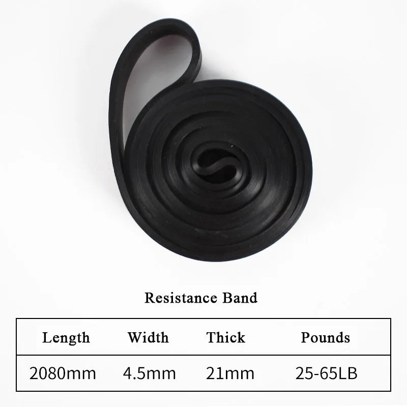 Black coiled resistance band with a specification table showing 2080mm length, 21mm width, and 25-65lb resistance.