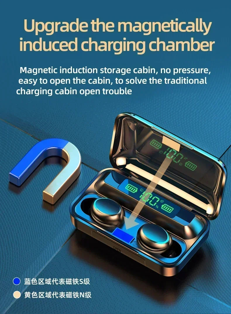 Black wireless earbuds in a metallic charging case with a digital battery display, next to a blue and gold magnet.