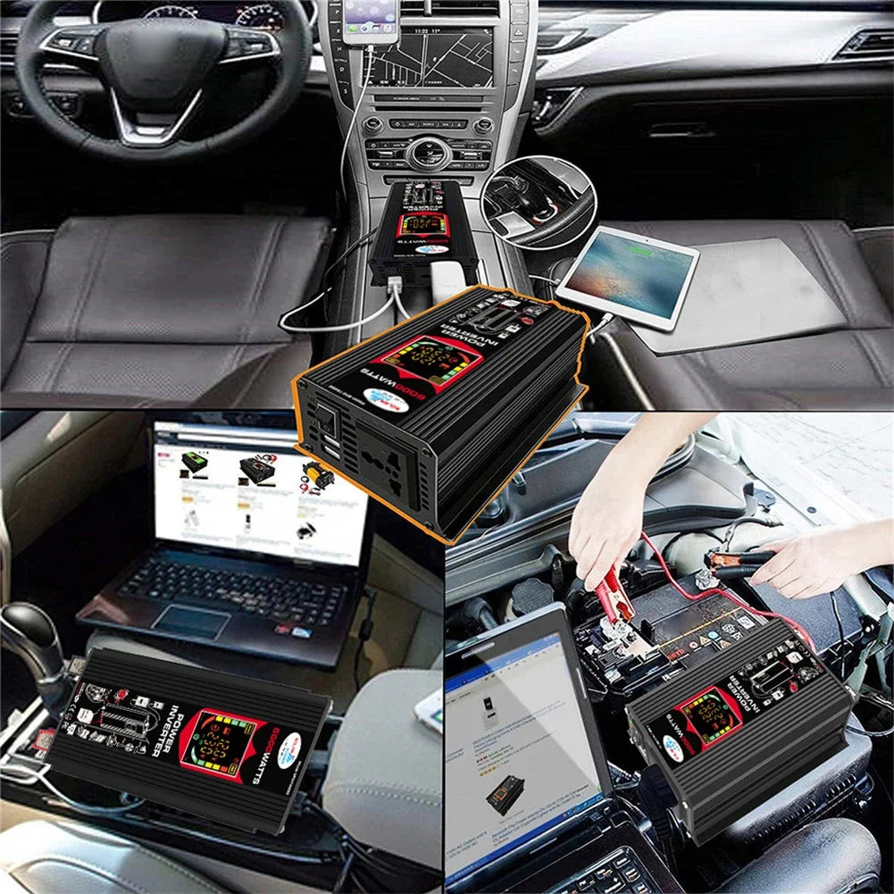 Black 6000W car power inverter with digital display, dual USB ports, and AC sockets for charging devices on the go.