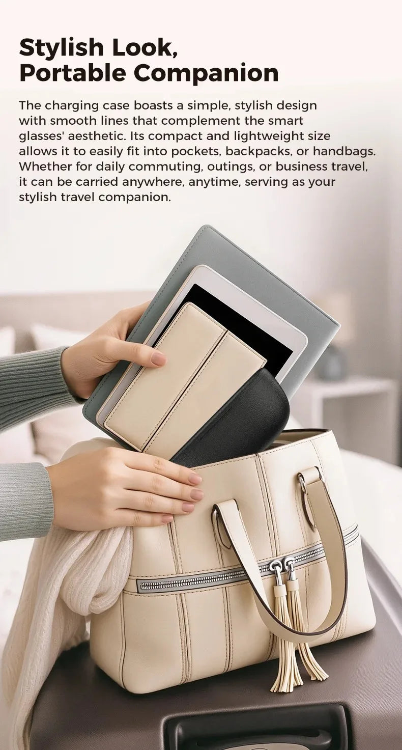 A person packing a tablet and a sleek black case for smart video glasses into a stylish cream handbag.