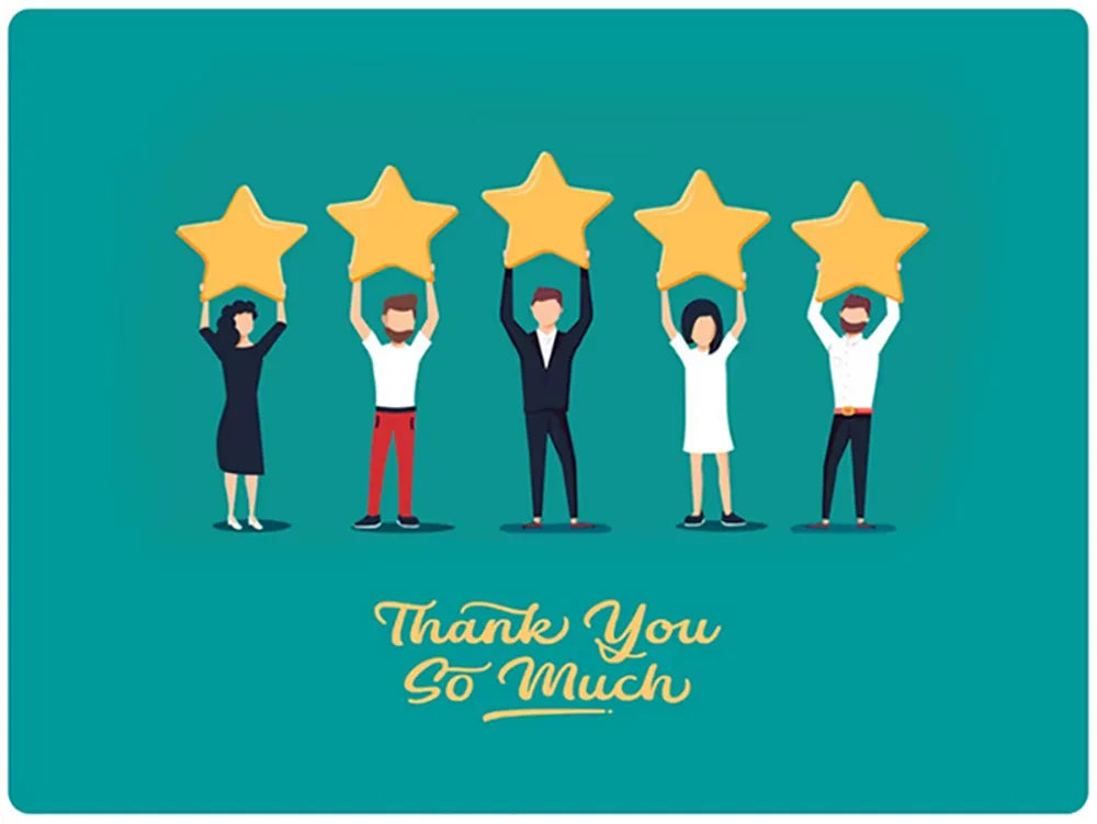 Five people on a teal background holding five large golden stars above their heads with 'Thank You So Much' text.