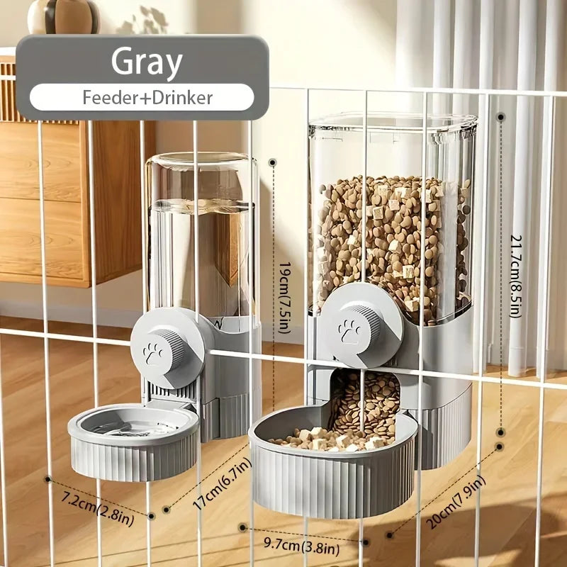 Gray wall-mounted pet feeder and water dispenser set with clear plastic containers and paw-print dial controls.