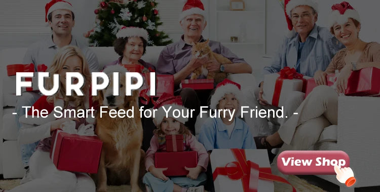Family wearing Santa hats with a dog and cat, holding gifts by a Christmas tree. Text overlay promotes a pet feeder.