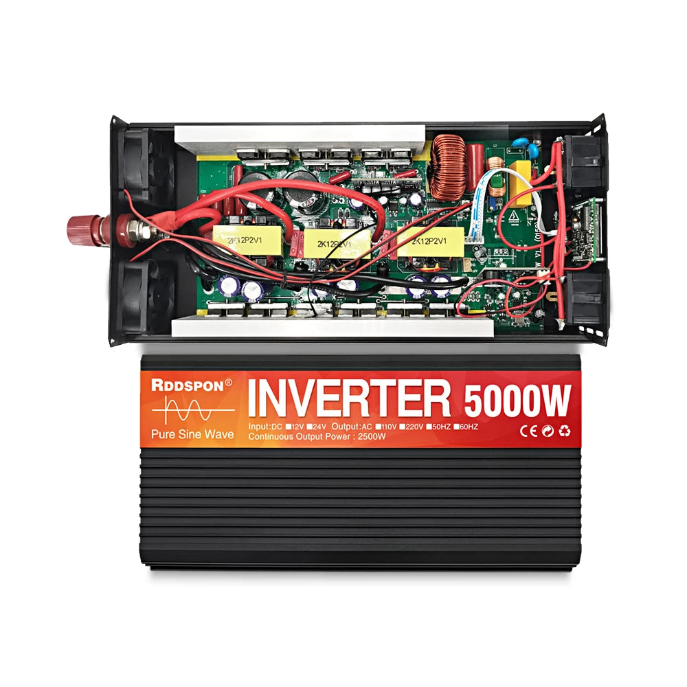 Black 5000W pure sine wave inverter with its internal circuit board exposed, showing components and cooling fans.