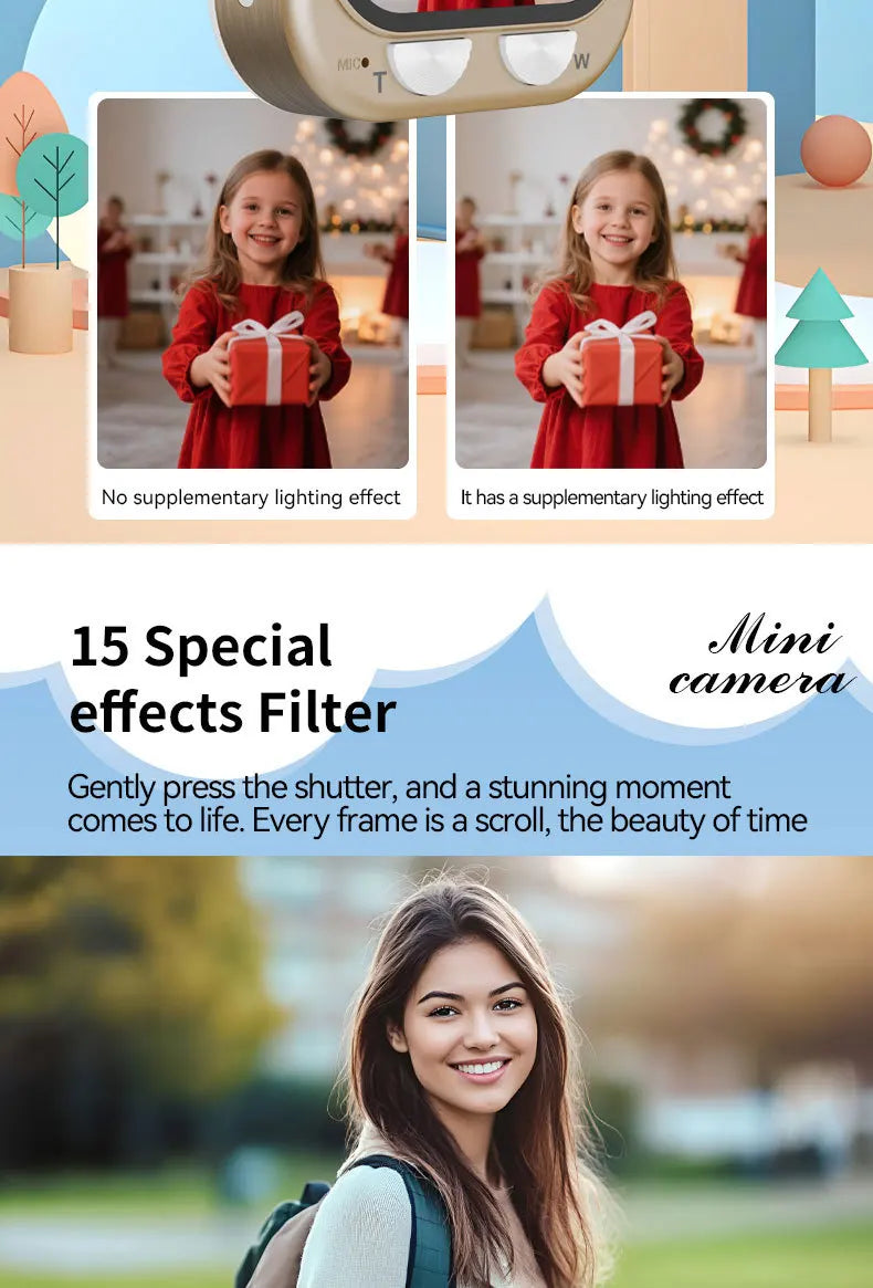 Gold mini digital camera for kids with dual control buttons, built-in supplementary lighting, and filter effects.