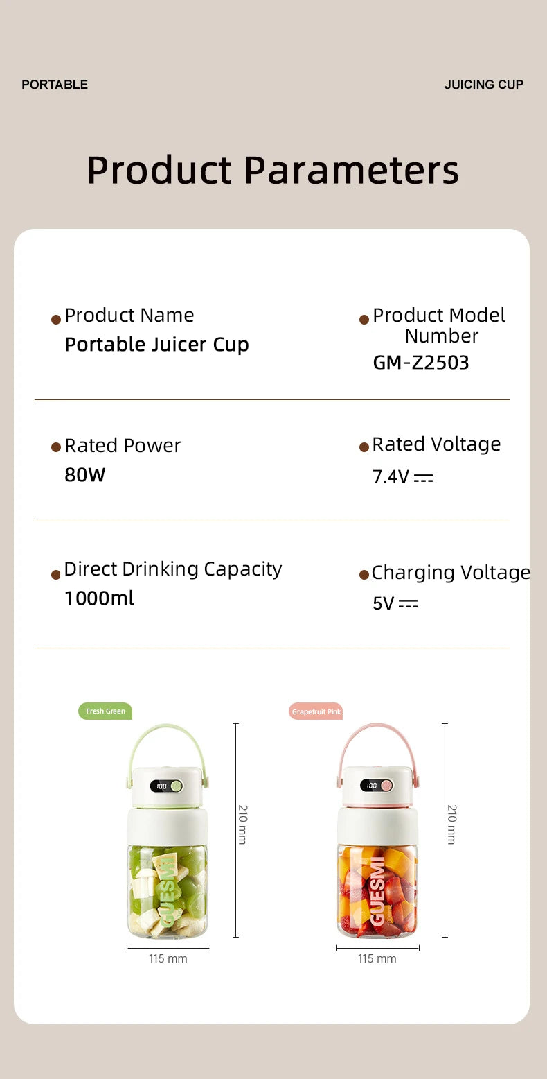 Infographic showing a 1000ml portable juicer cup with a handle, available in fresh green and grapefruit pink.