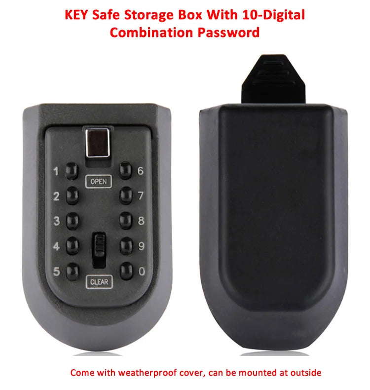 Grey plastic key safe storage box with 10-digit push-button combination lock and protective weatherproof cover.