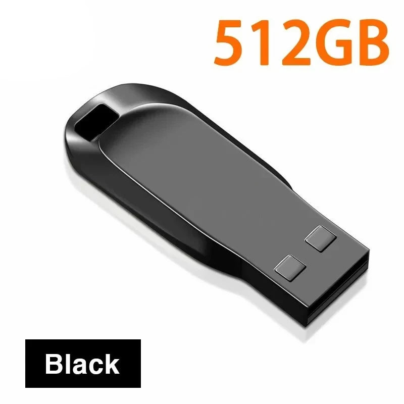Sleek, black portable USB flash drive with a built-in key ring loop. Text on image indicates 512GB storage.