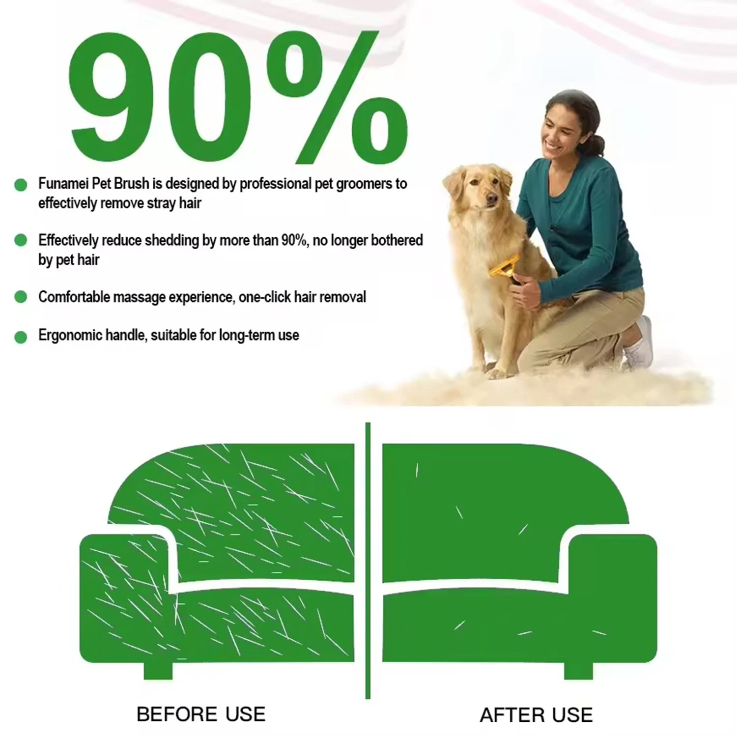 Woman grooming a golden retriever with a yellow Funamei pet brush, showing before and after shedding results.