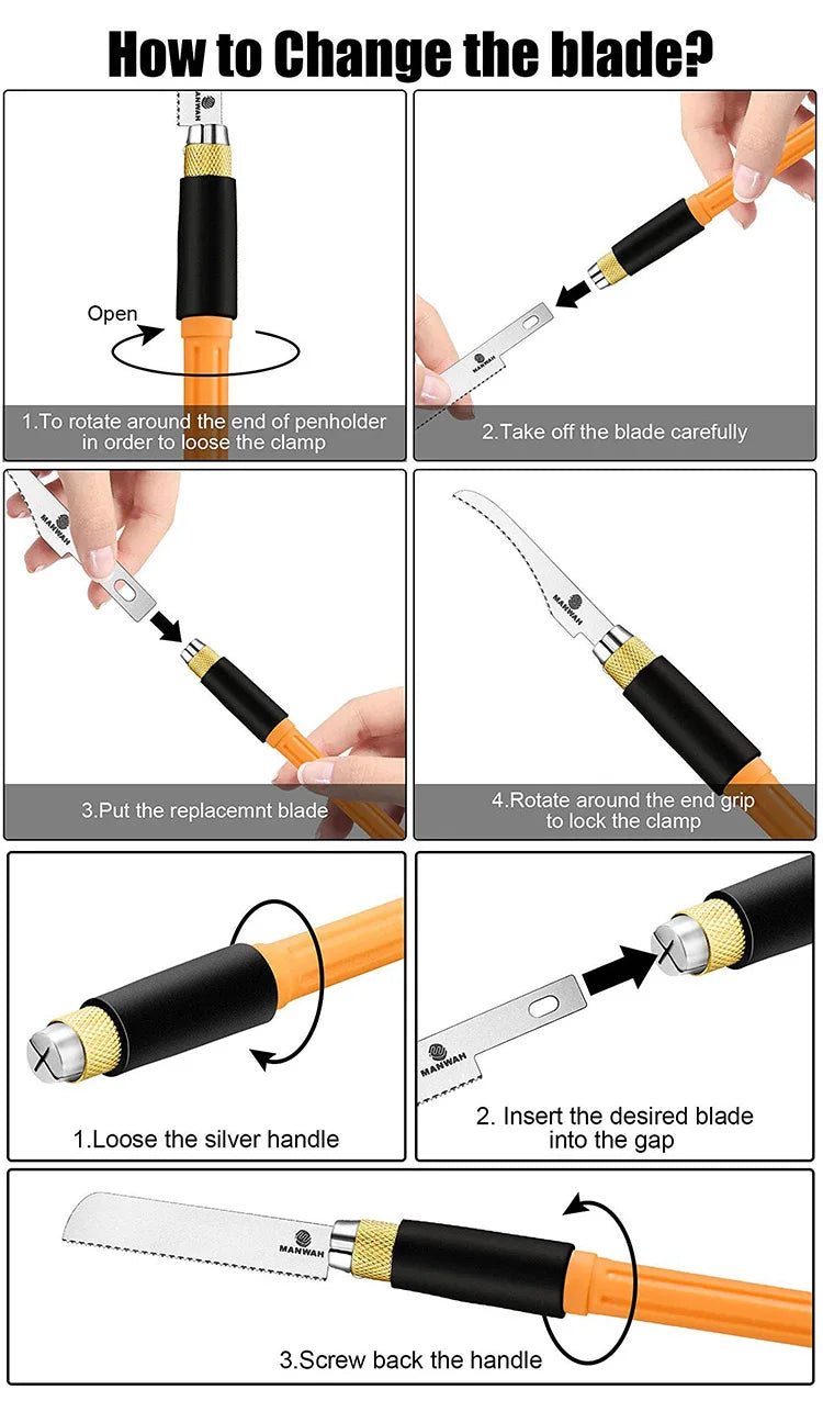 Instructional diagram showing step-by-step how to change blades on a mini craft hobby saw handle.