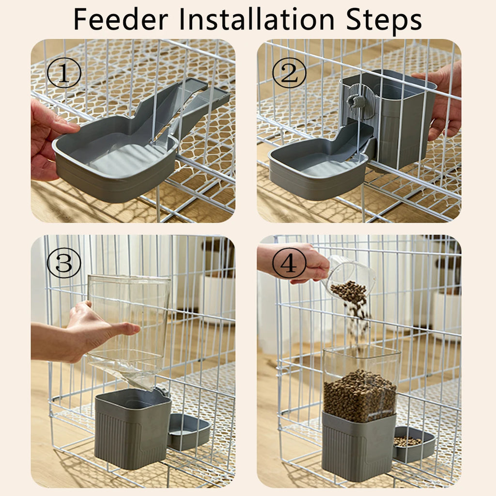 Four-step guide showing how to attach a grey plastic cage-mounted pet feeder with a clear food storage container.