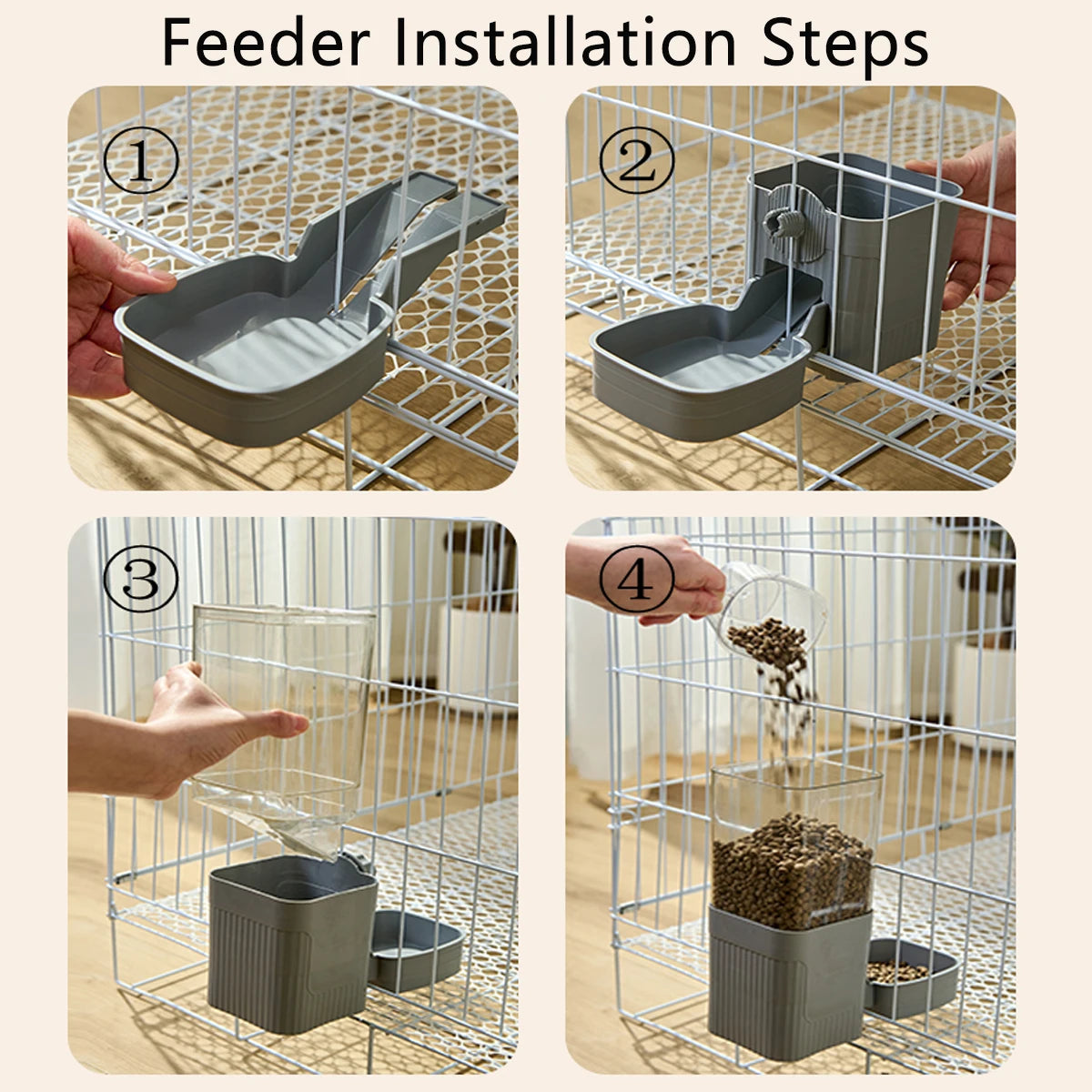 Four-step guide showing how to attach a grey plastic cage-mounted pet feeder with a clear food storage container.