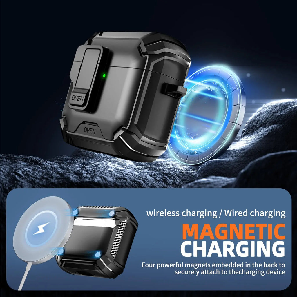 Black rugged protective magnetic charging case for AirPods, featuring a secure clip design and wireless charging.