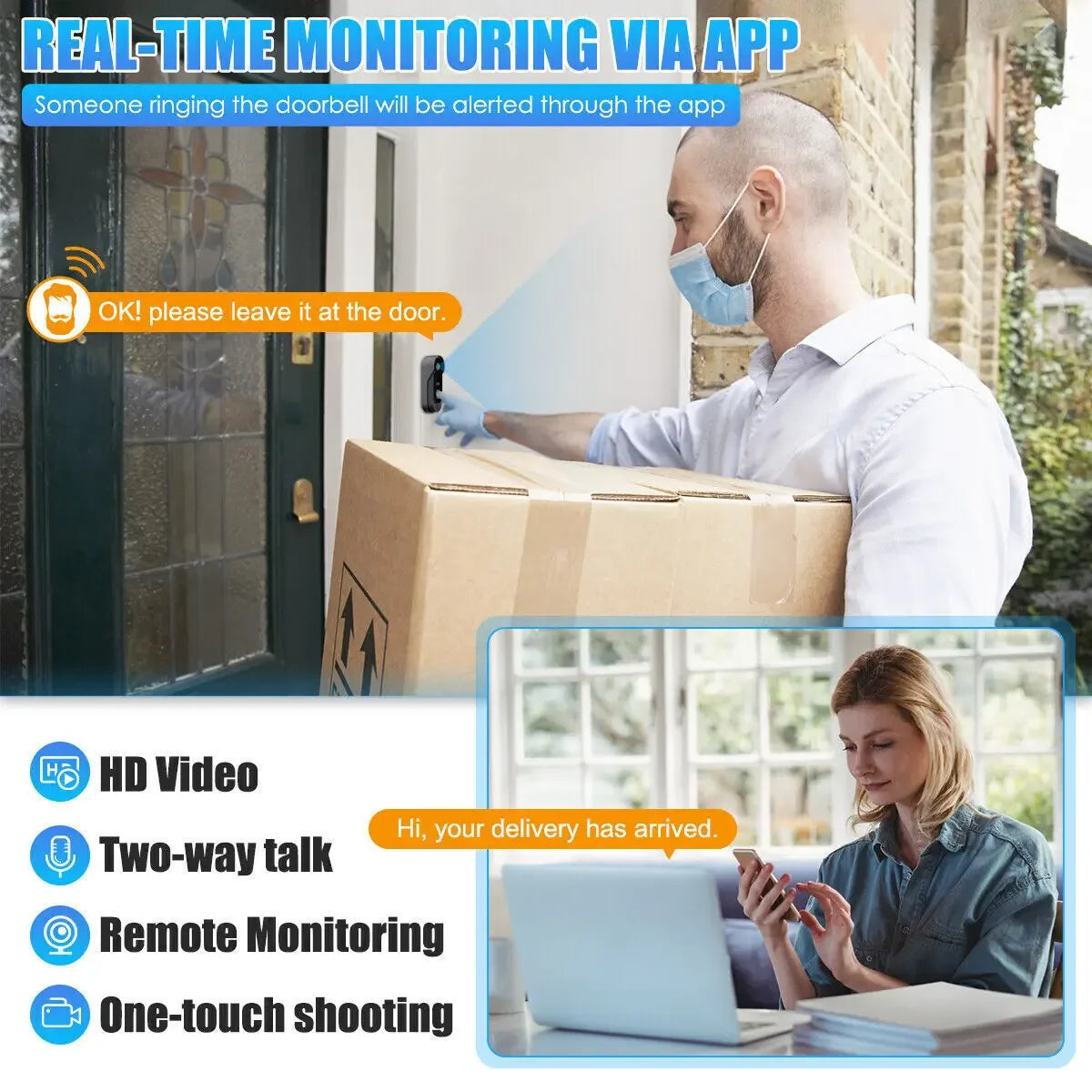 Black wireless smart video doorbell featuring HD video, two-way audio, and app-controlled remote monitoring.